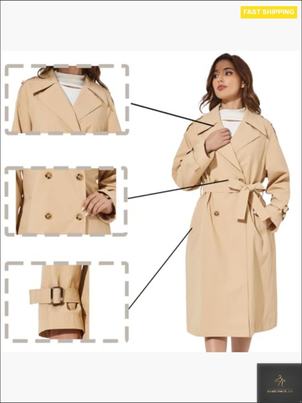 Double Breasted Long Trench Coat Classic Lapel Windproof Belted Lightweight - Picture 4 of 7